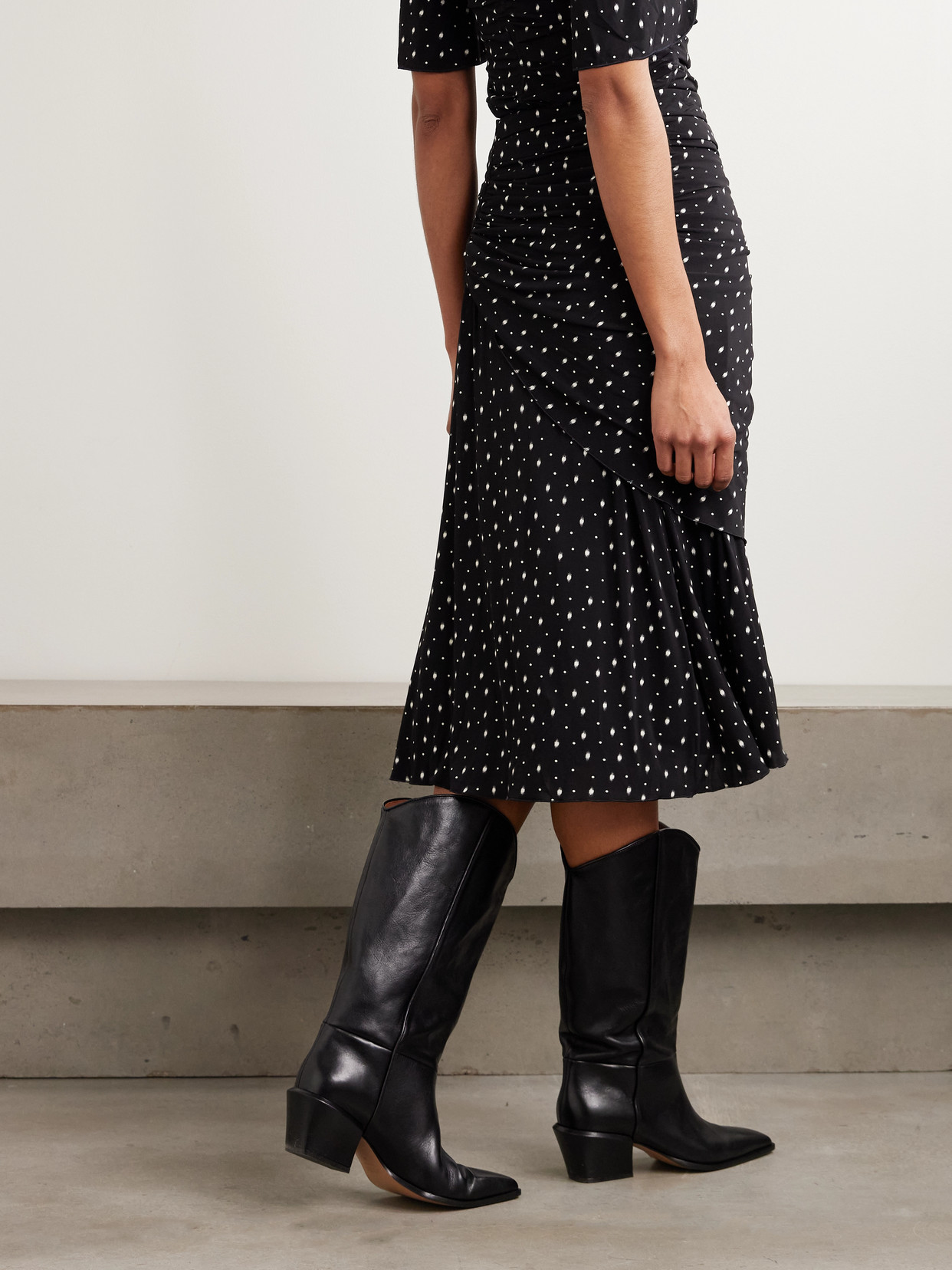 Gyelle Ruched Draped Polka-Dot Stretch-Jersey Midi