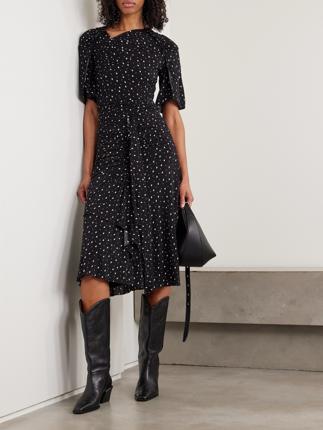 Gyelle Ruched Draped Polka-Dot Stretch-Jersey Midi