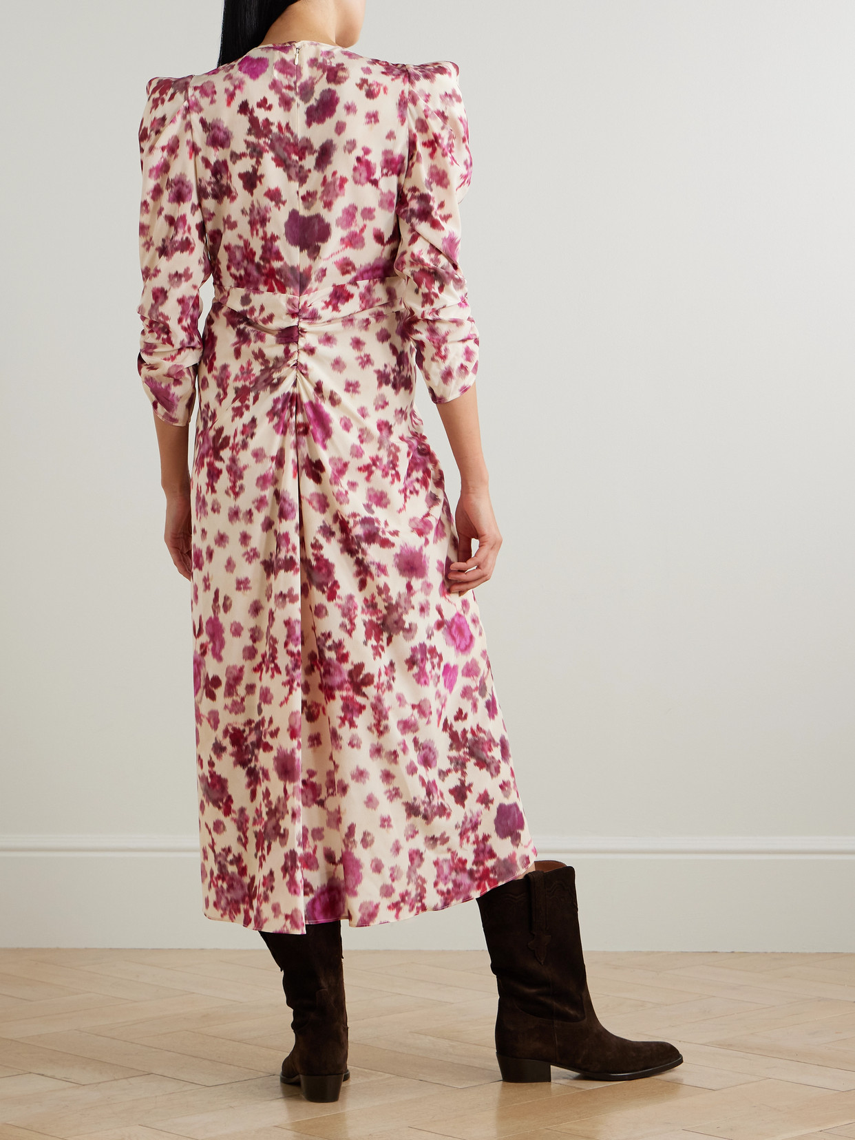 Isabel Marant Albini Gathered Printed Silk-blend Midi Dress In Pink