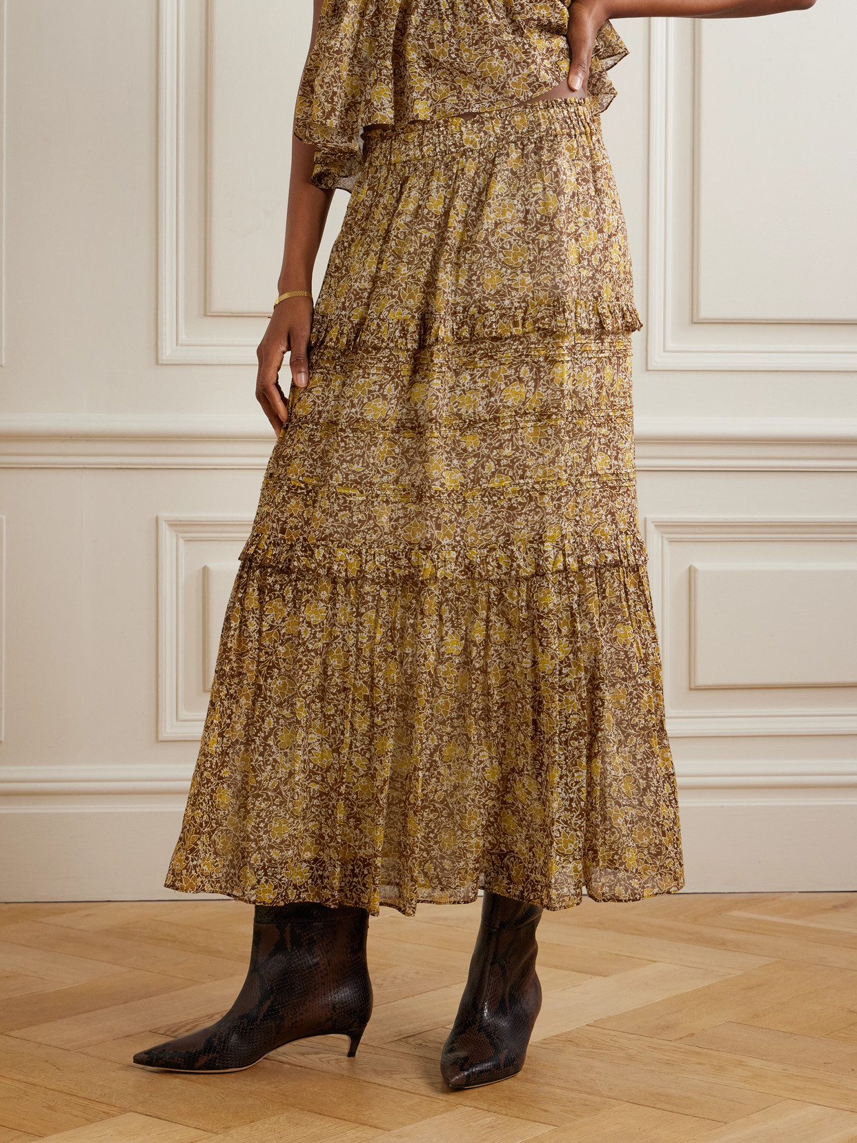 Isabel Marant Étoile Volomia Floral-print Tiered Cotton Midi Skirt In Multi