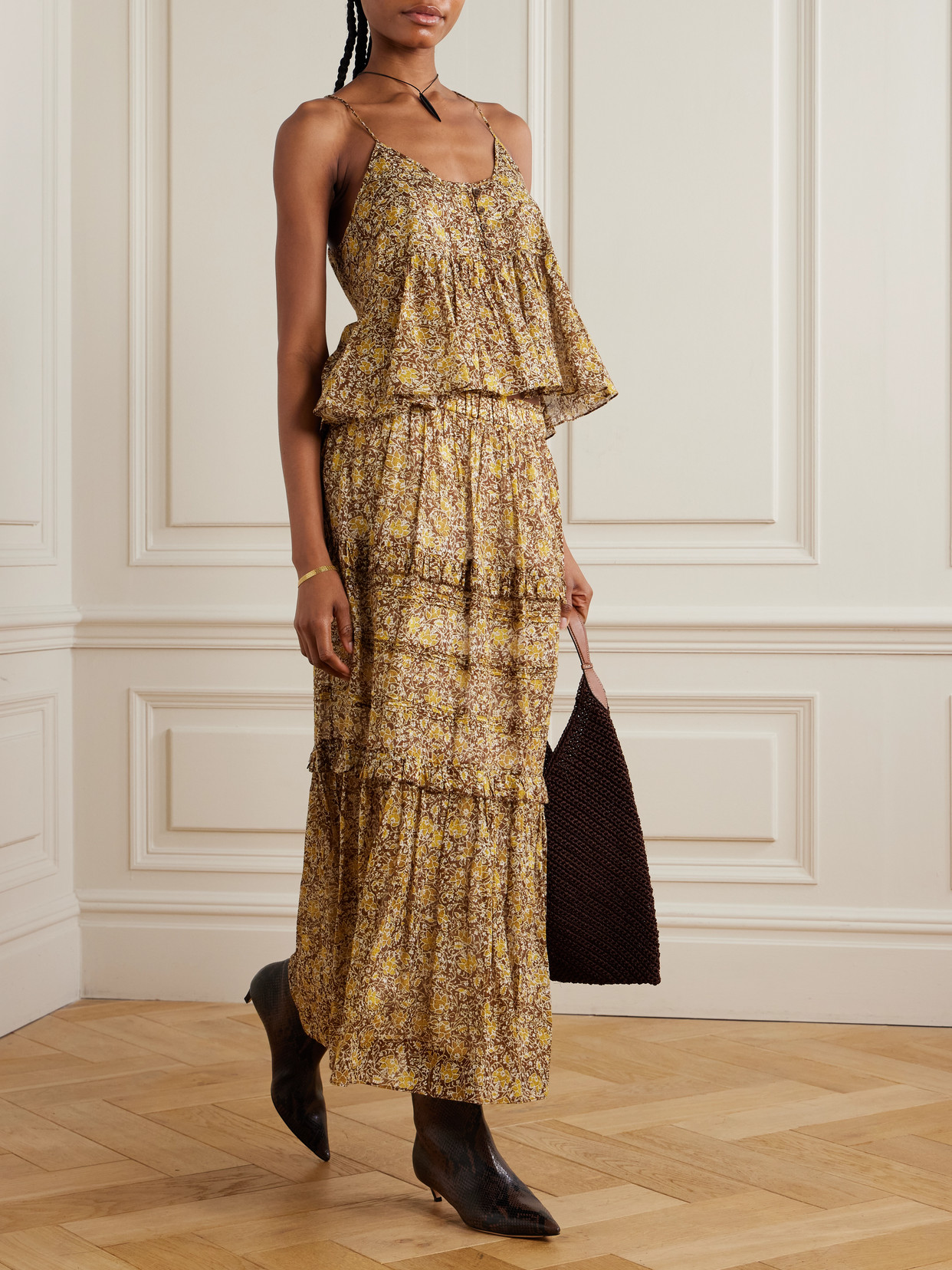 Isabel Marant Étoile Volomia Floral-print Tiered Cotton Midi Skirt In Multi