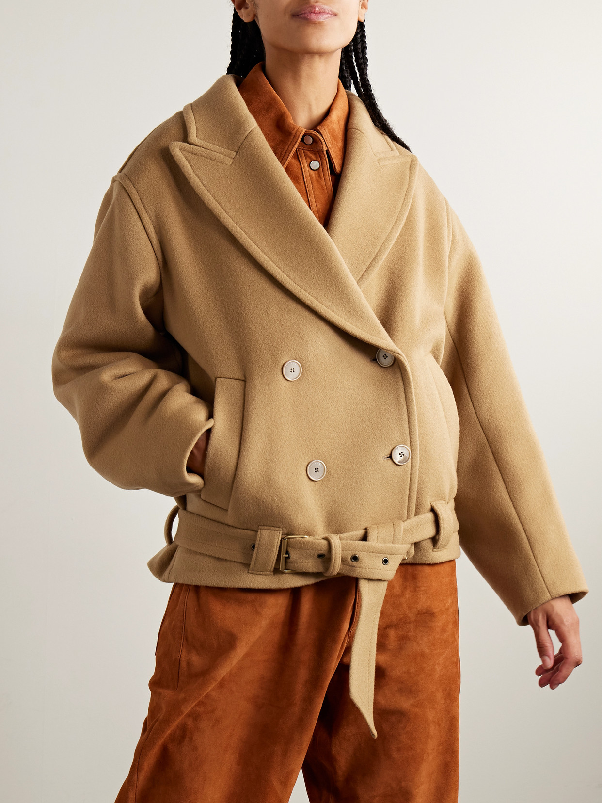 Warna Double-Breasted Belted Wool-Blend Felt Coat