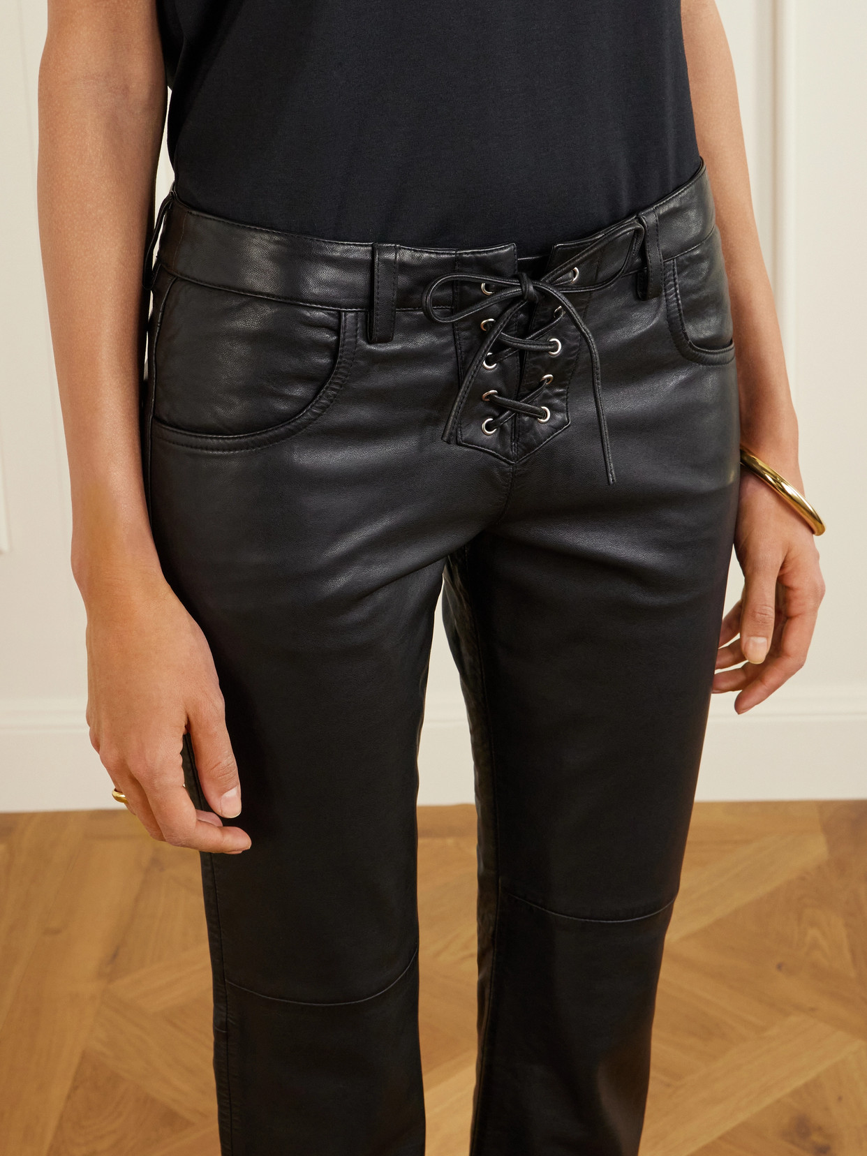 Isabel Marant Vanel Cropped Lace-up Leather Slim-leg Pants In Black
