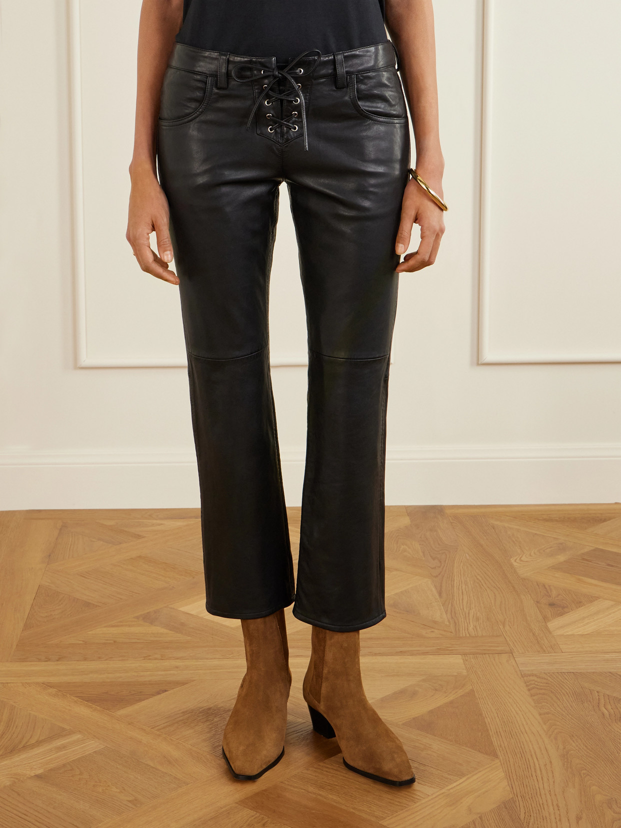 Isabel Marant Vanel Cropped Lace-up Leather Slim-leg Pants In Black