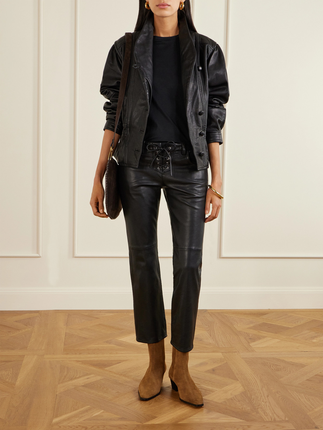 Isabel Marant Vanel Cropped Lace-up Leather Slim-leg Pants In Black