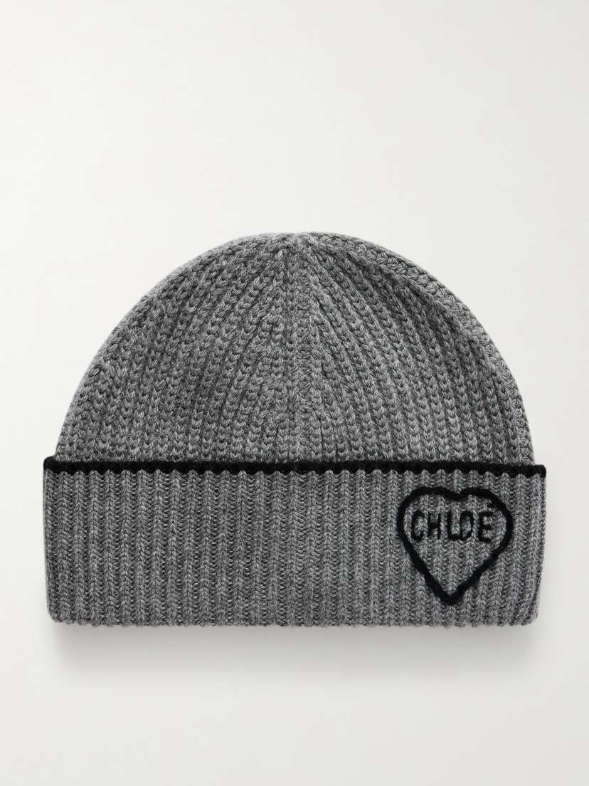 Chloé Coeur Embroidered Ribbed Wool And Cashmere-blend Beanie