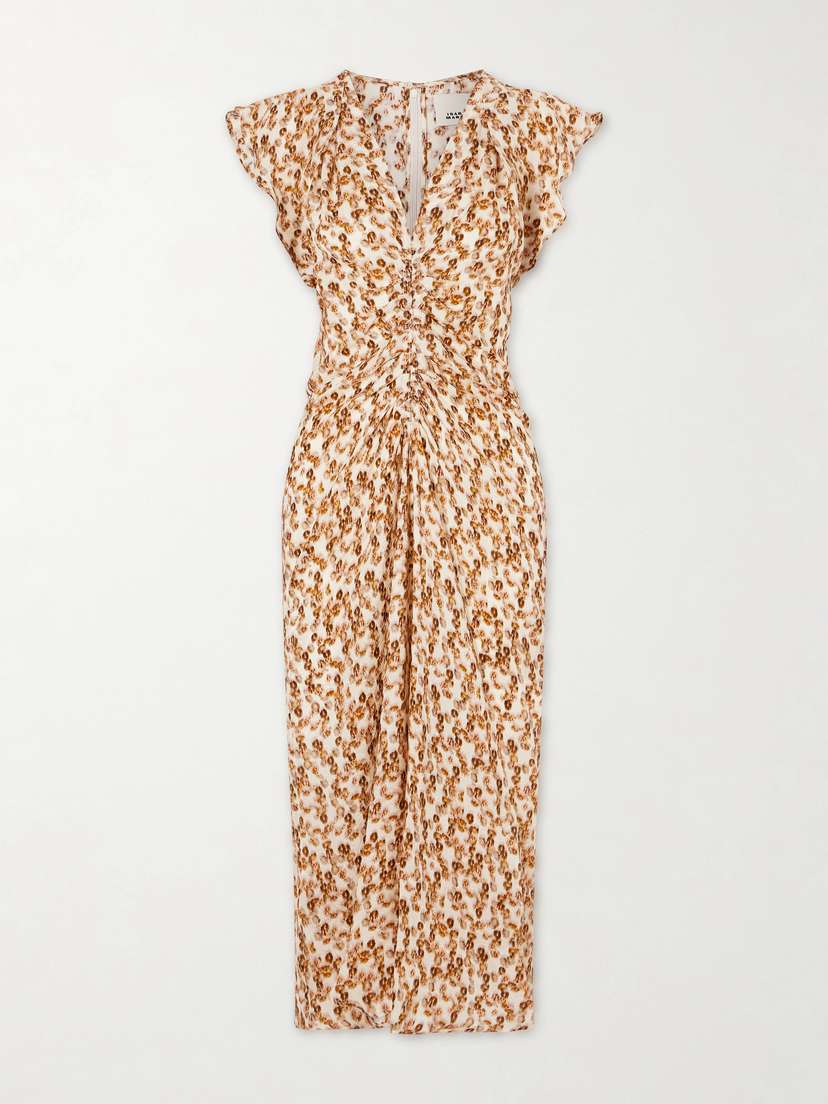 Isabel Marant Lyndsay Gathered Printed Satin Midi Dress