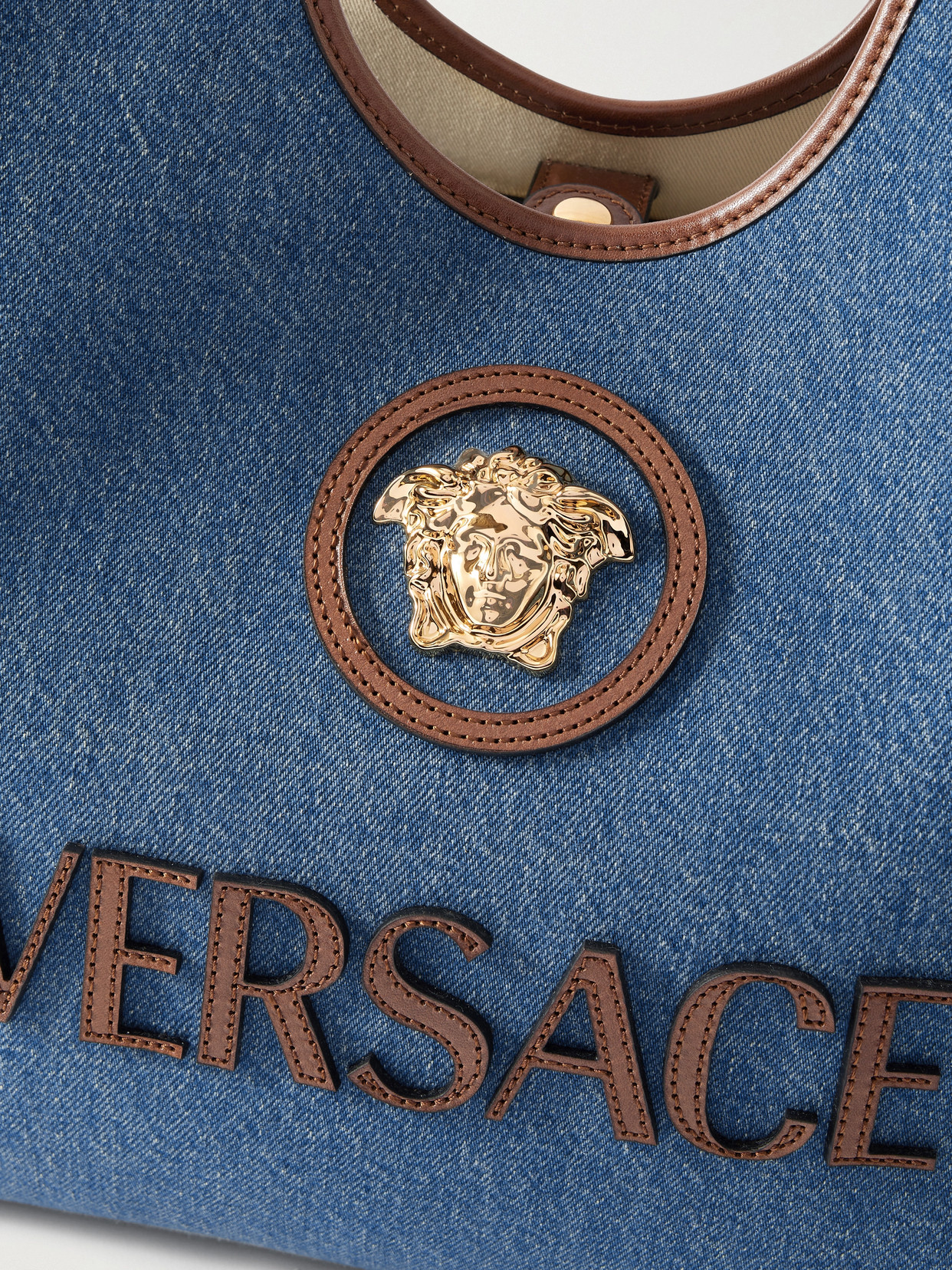 Versace La Medusa Leather-trimmed Denim Tote In Blue