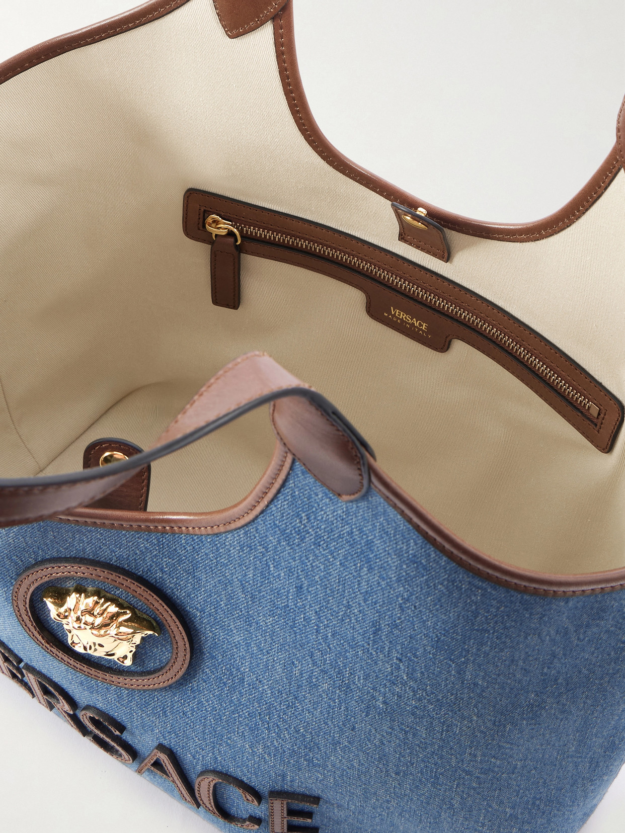 Versace La Medusa Leather-trimmed Denim Tote In Blue