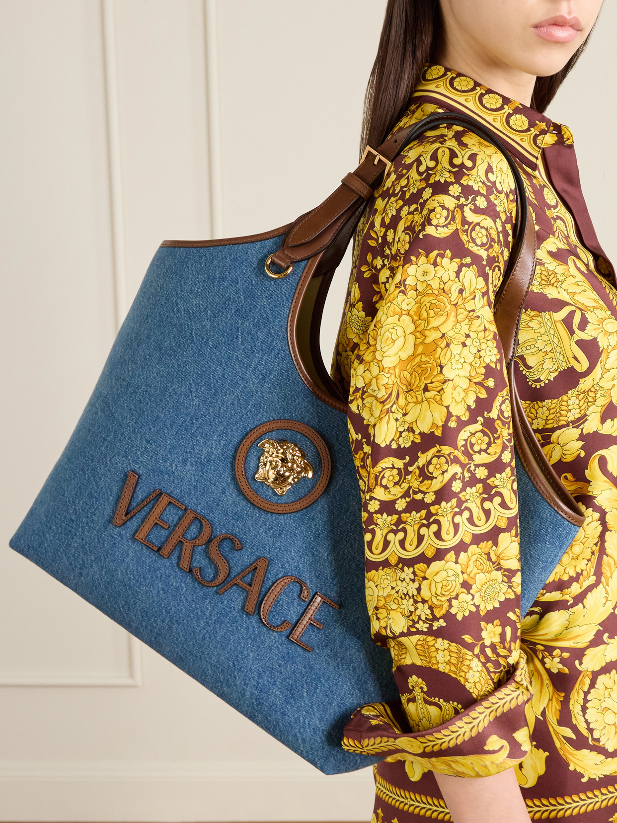 Versace La Medusa Leather-trimmed Denim Tote In Blue