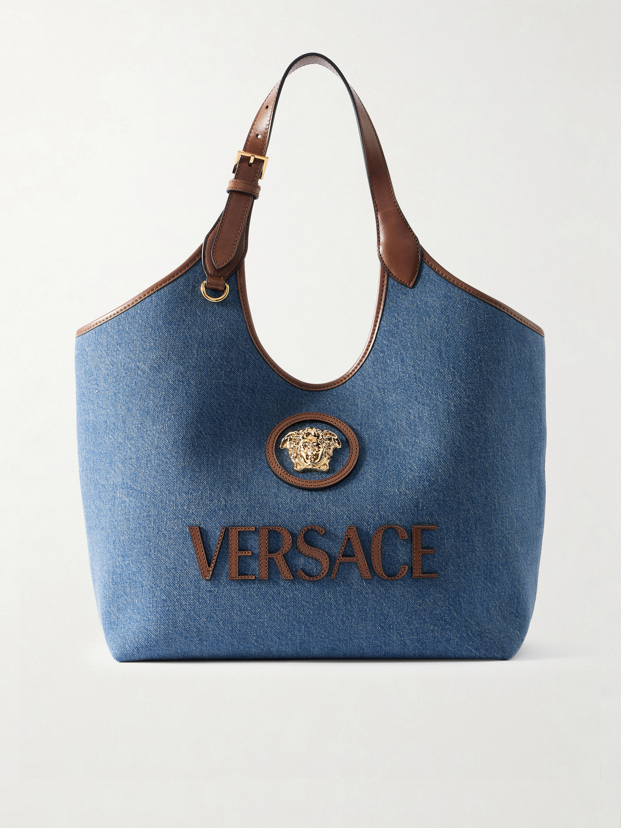 Versace La Medusa Leather-trimmed Denim Tote In Blue