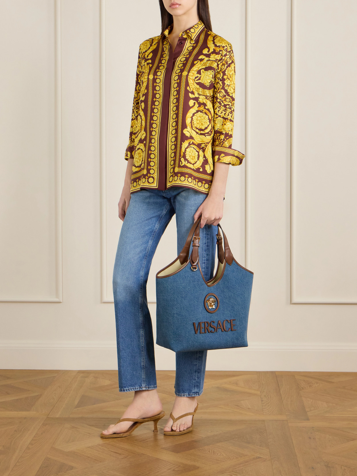 Versace La Medusa Leather-trimmed Denim Tote In Blue