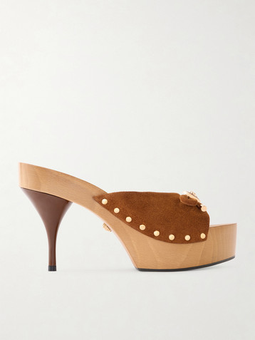 Versace Opera Bow embellished suede clogs