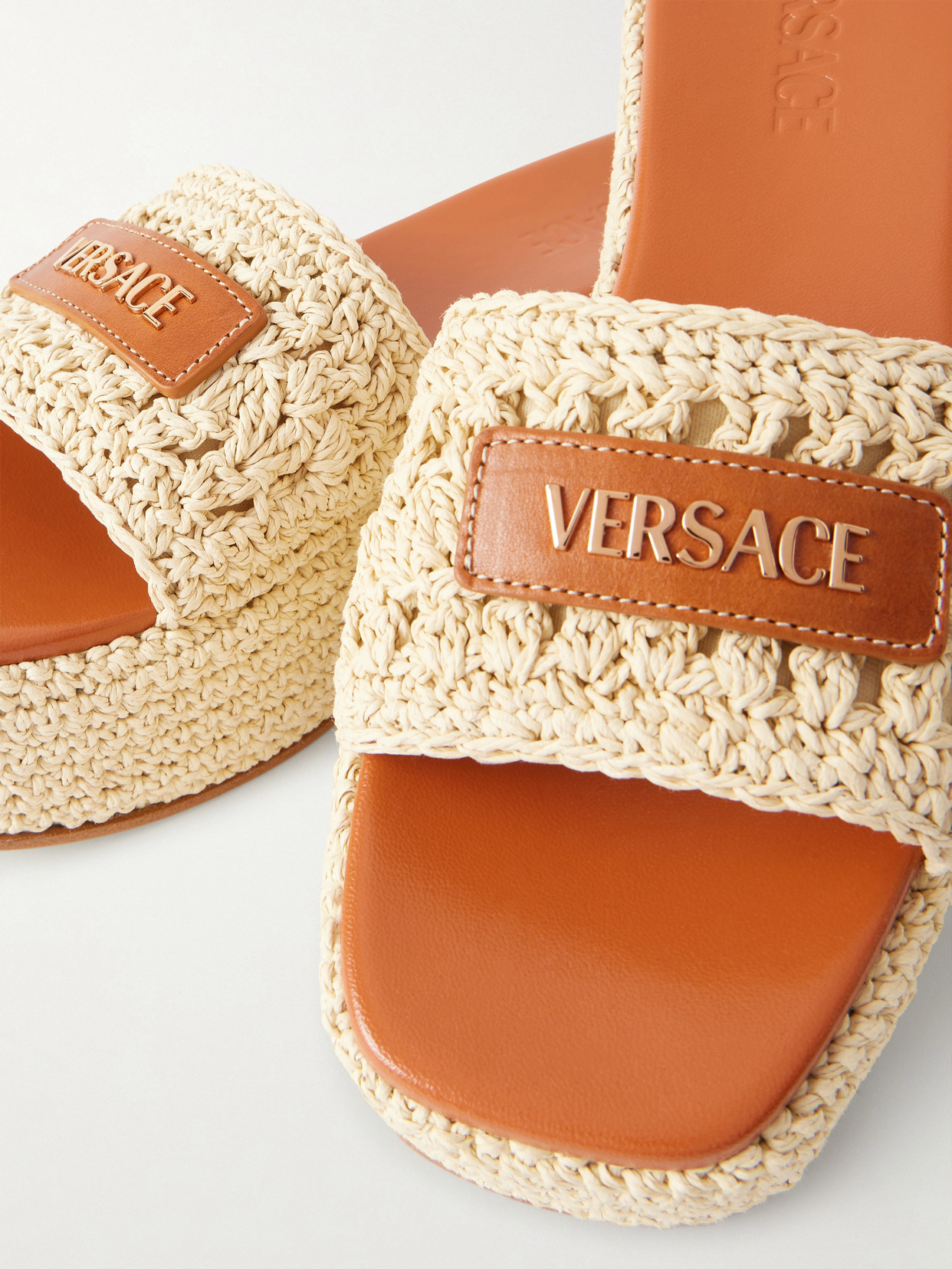 Versace Logo-embellished Raffia Platform Slides In Multi