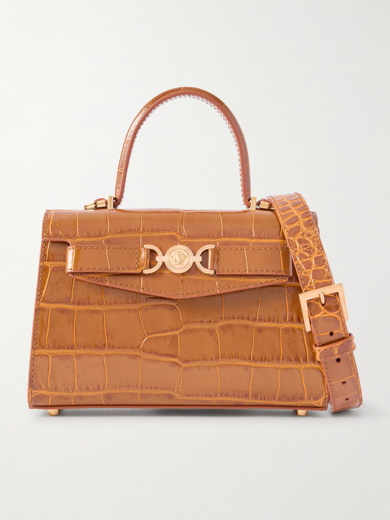 Versace Small Embellished Croc-effect Leather Tote In Brown