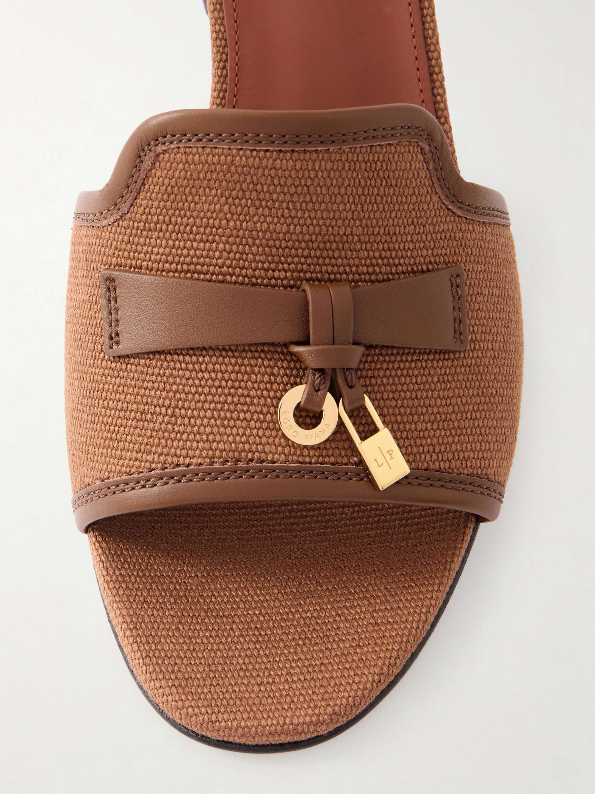 美品 Loro Piana カーフレザーベルト 茶 72±5cm　幅3 n65 LORO PIANA Summer Charms embellished leather-trimmed canvas mules