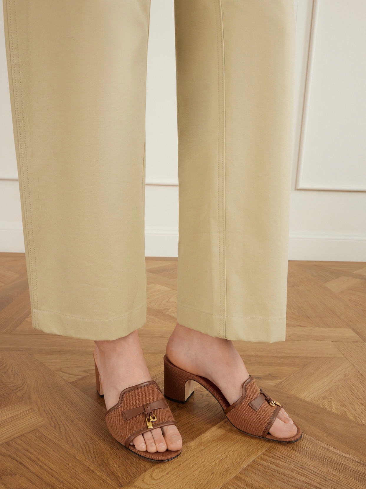 Summer Charms Embellished Leather-Trimmed Canvas Mules