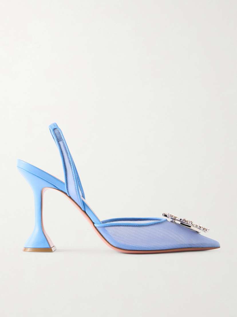 Amina Muaddi Begum Leather-trimmed Crystal-embellished Mesh Slingback Pumps