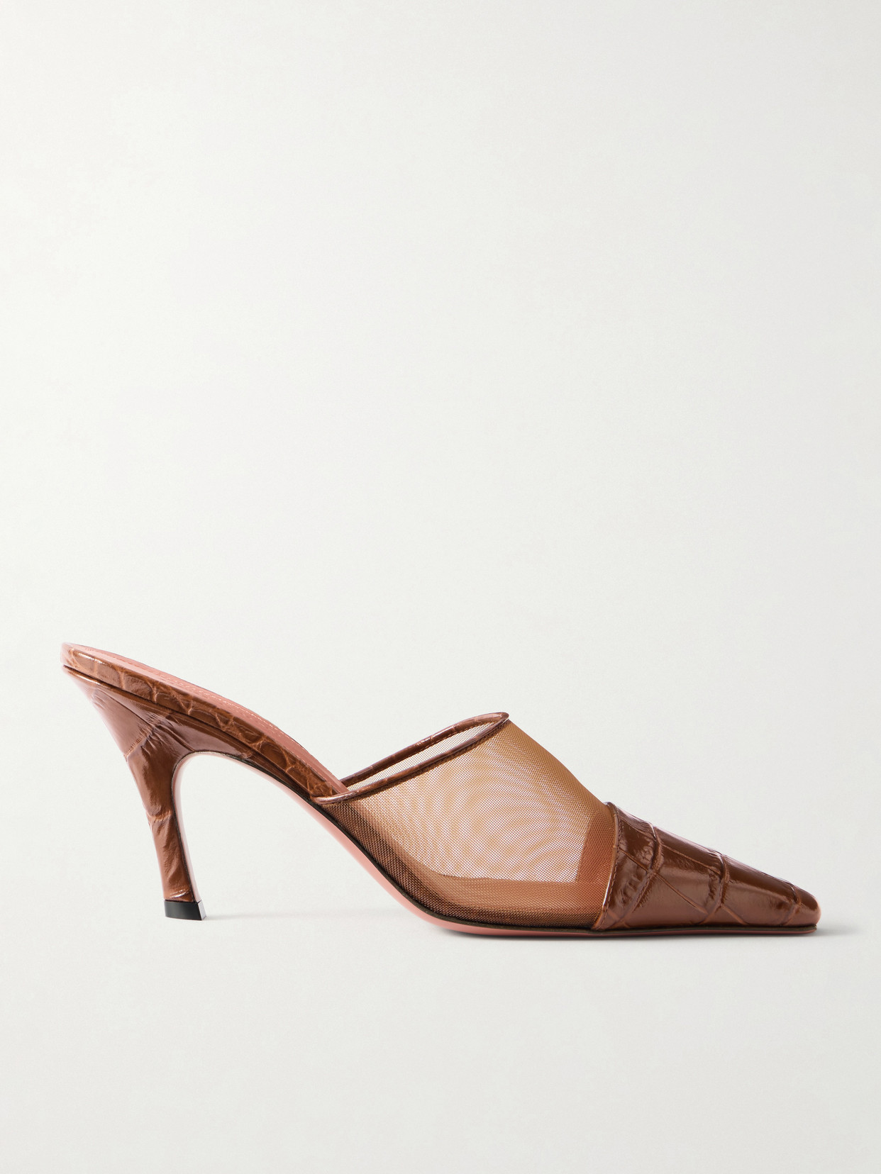 Amina Muaddi Jamie Mesh And Croco-embossed Leather Mules In Brown