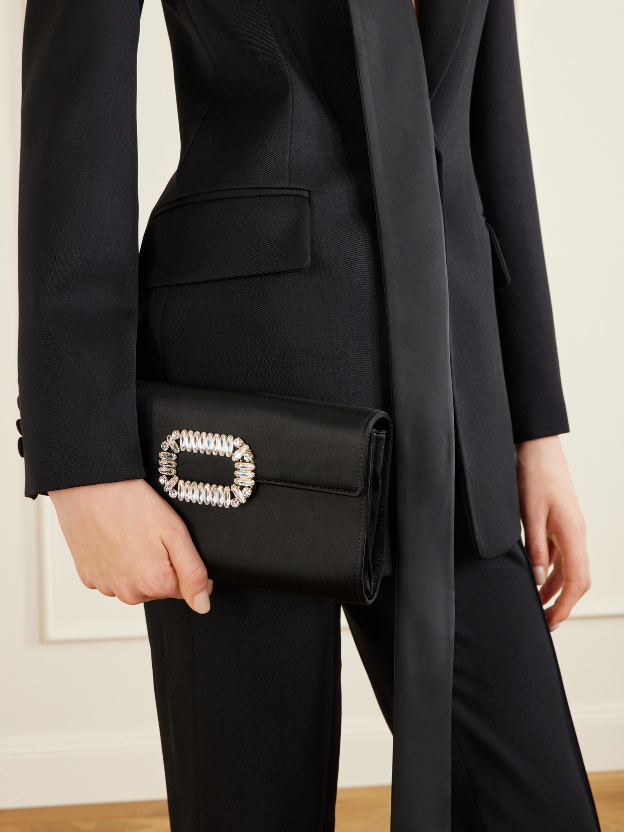 Roger Vivier Pilgrim Crystal-embellished Satin Clutch In Black