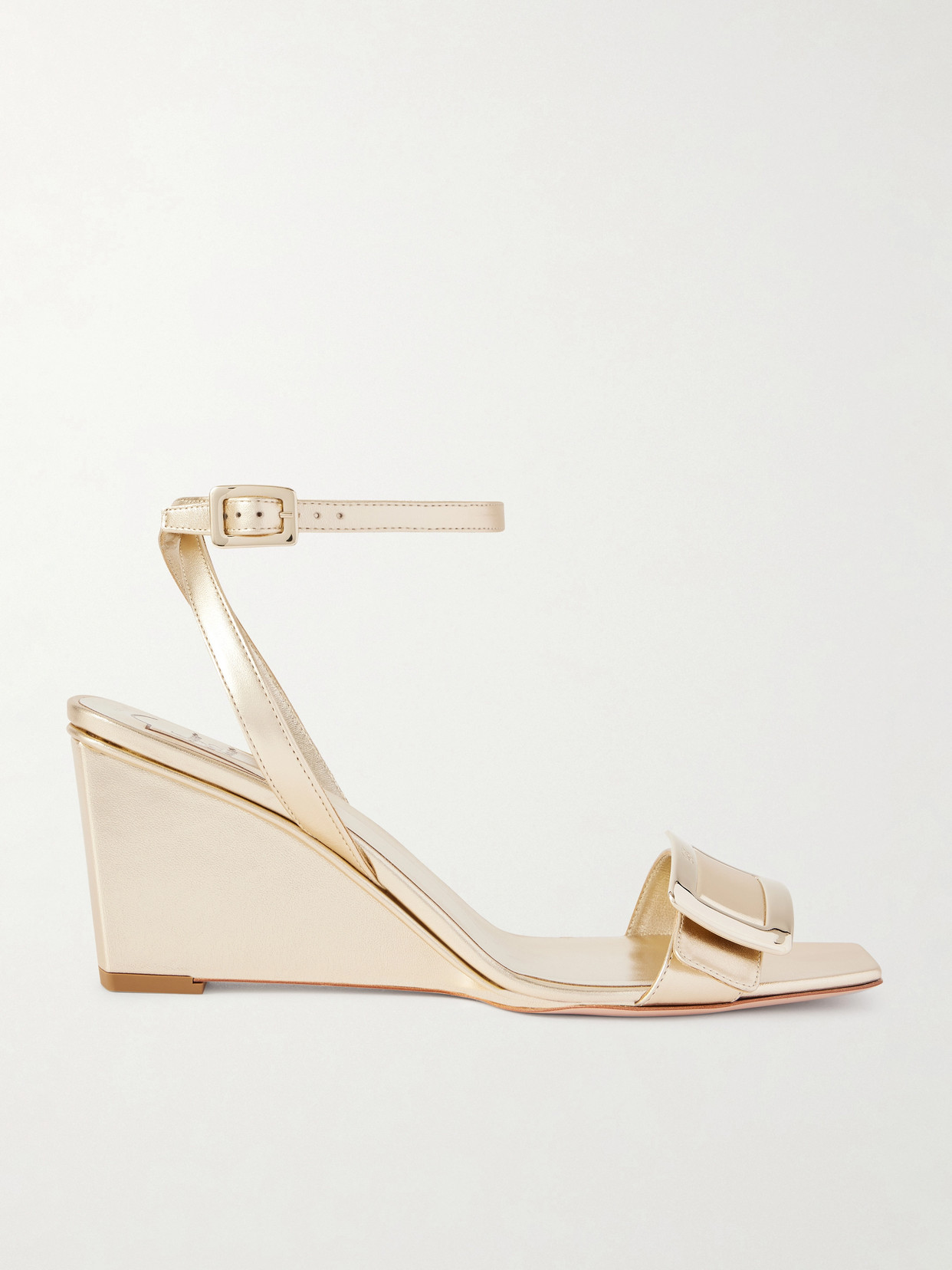 Roger Vivier Belle Vivier 60 Metallic Leather Wedge Sandals In White