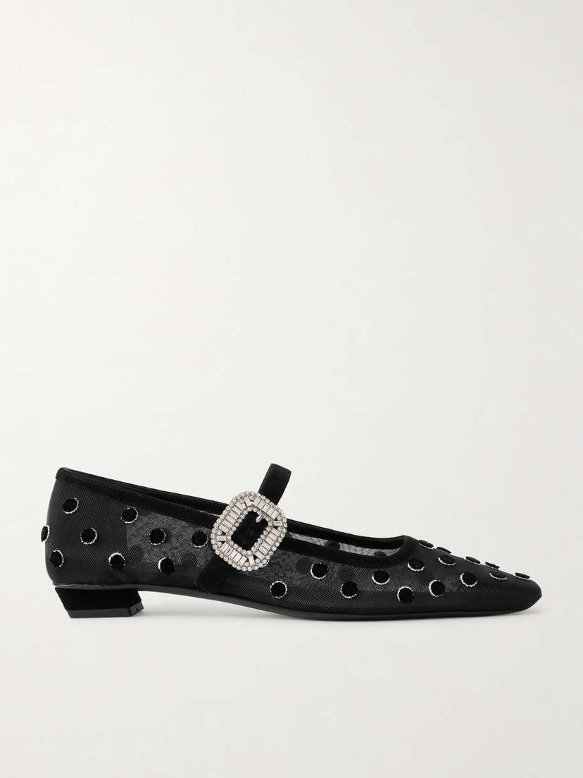 Roger Vivier Belle Vivier 25 Embellished Flocked Mesh Mary Jane Ballet Flats