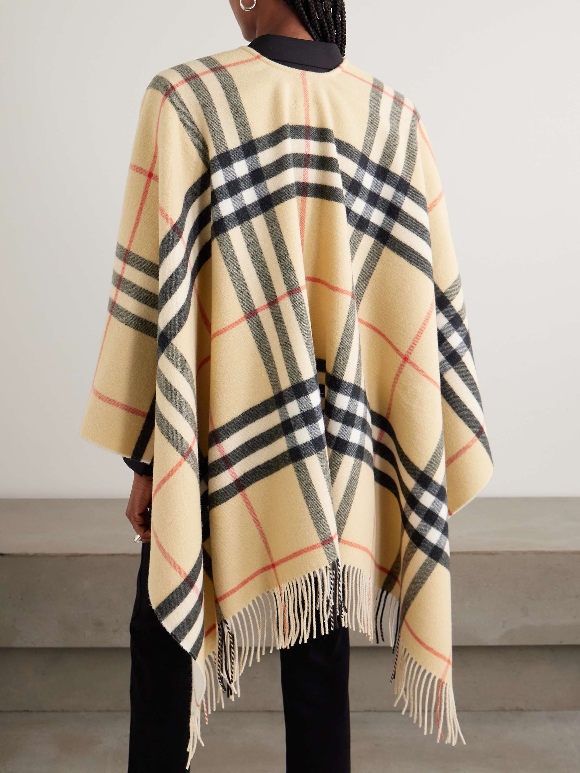 BURBERRY Oversized fringed checked cashmere and wool-blend cape