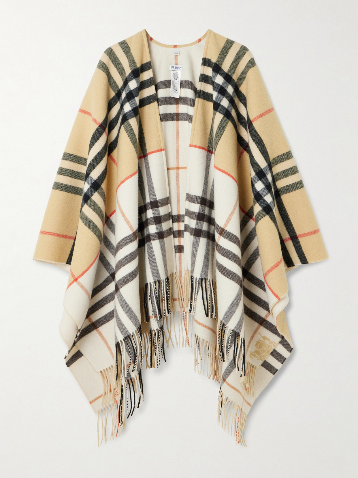 Burberry Oversized Fringed Checked Cashmere And Wool-blend Cape In Brown