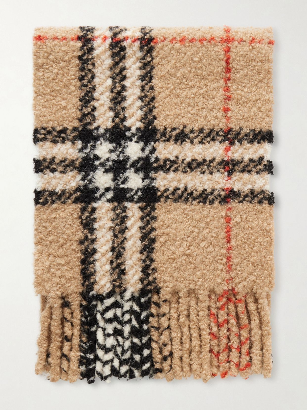 fringed checked alpaca and wool blend boucle scarf