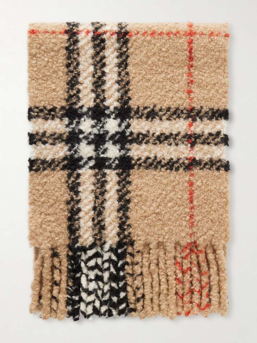 Burberry Fringed Checked Alpaca And Wool-blend Bouclé Scarf