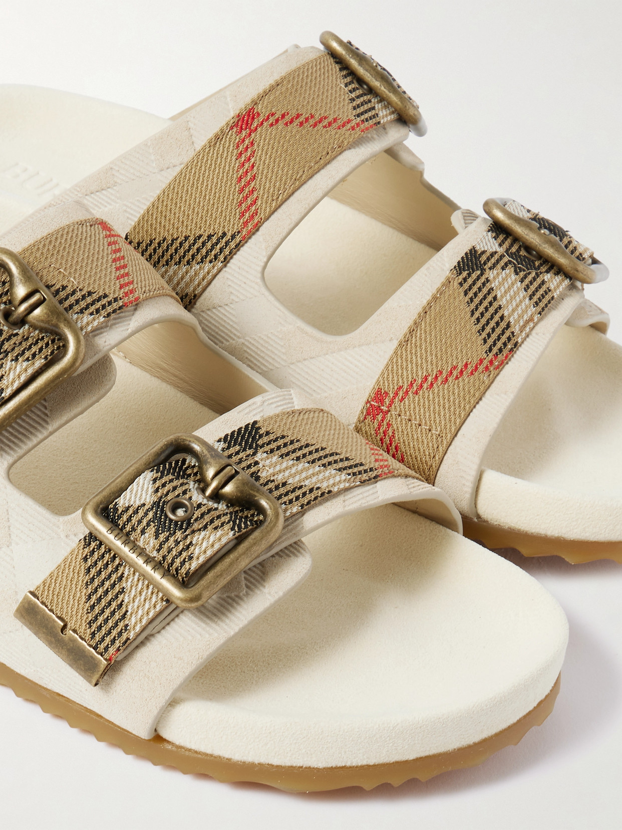 Burberry Checked Canvas Jacquard-trimmed Suede Sandals In White