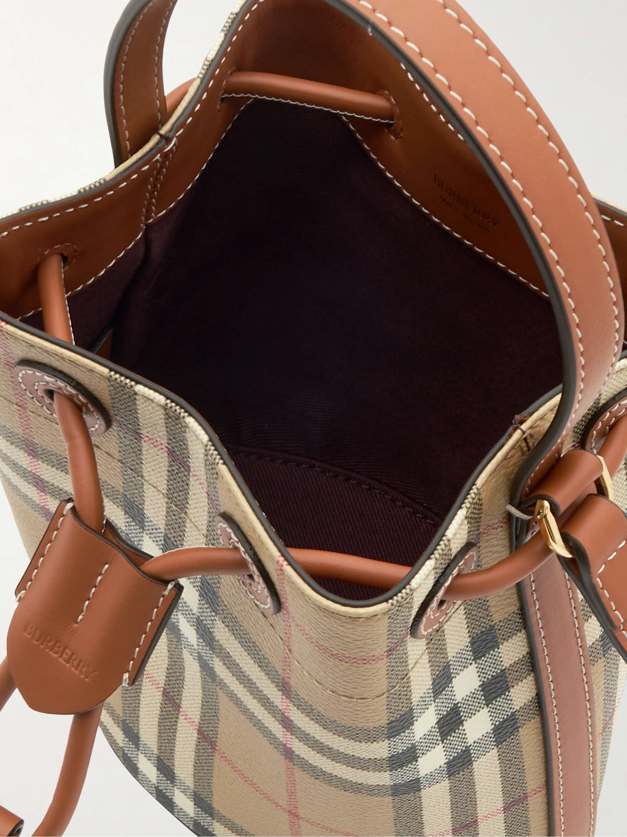 BURBERRY Mini leather-trimmed checked bucket bag | NET-A-PORTER