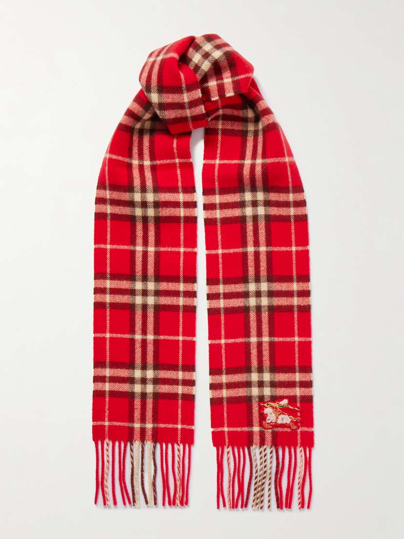 Burberry Appliquéd Fringed Metallic Checked Cashmere-blend Scarf