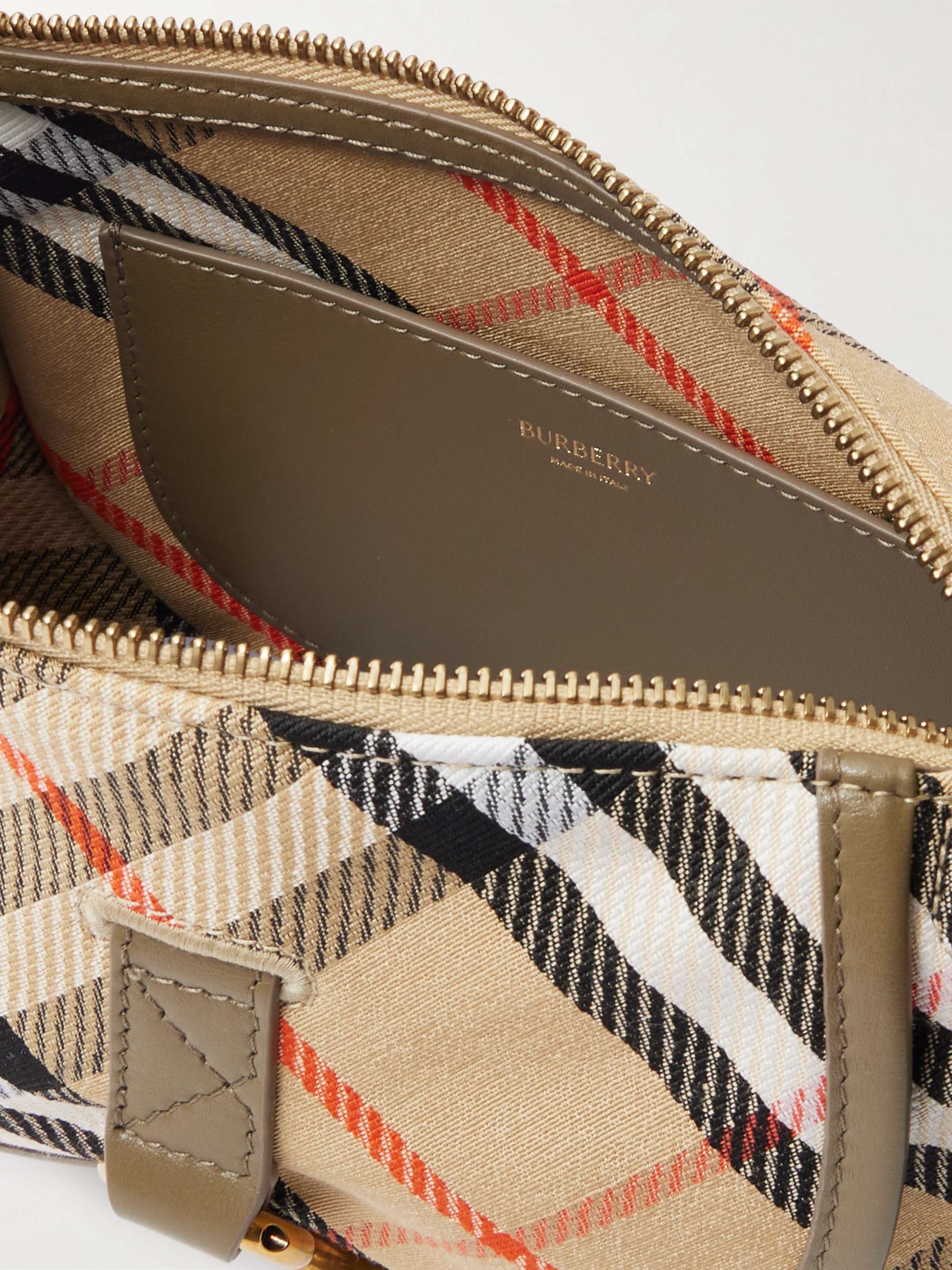 BURBERRY Leather-trimmed checked coated canvas-jacquard shoulder