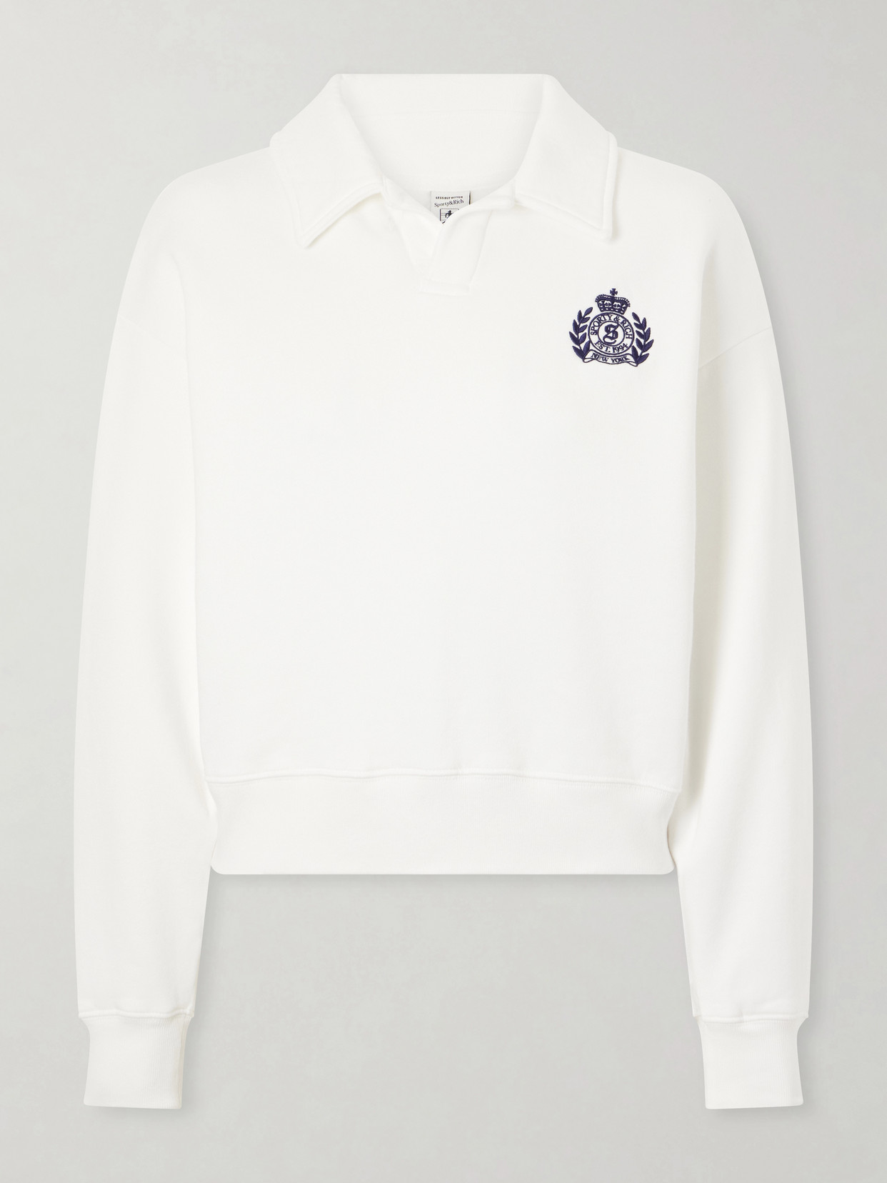 Sporty And Rich Embroidered Ribbed-detail Cotton Sweatshirt In White