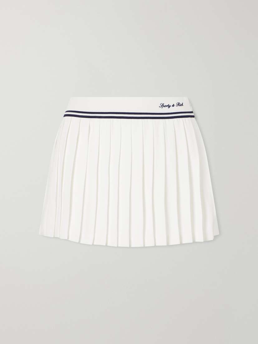 Sporty & Rich Abigail Pleated Embroidered Striped Crepe De Chine Mini Skirt