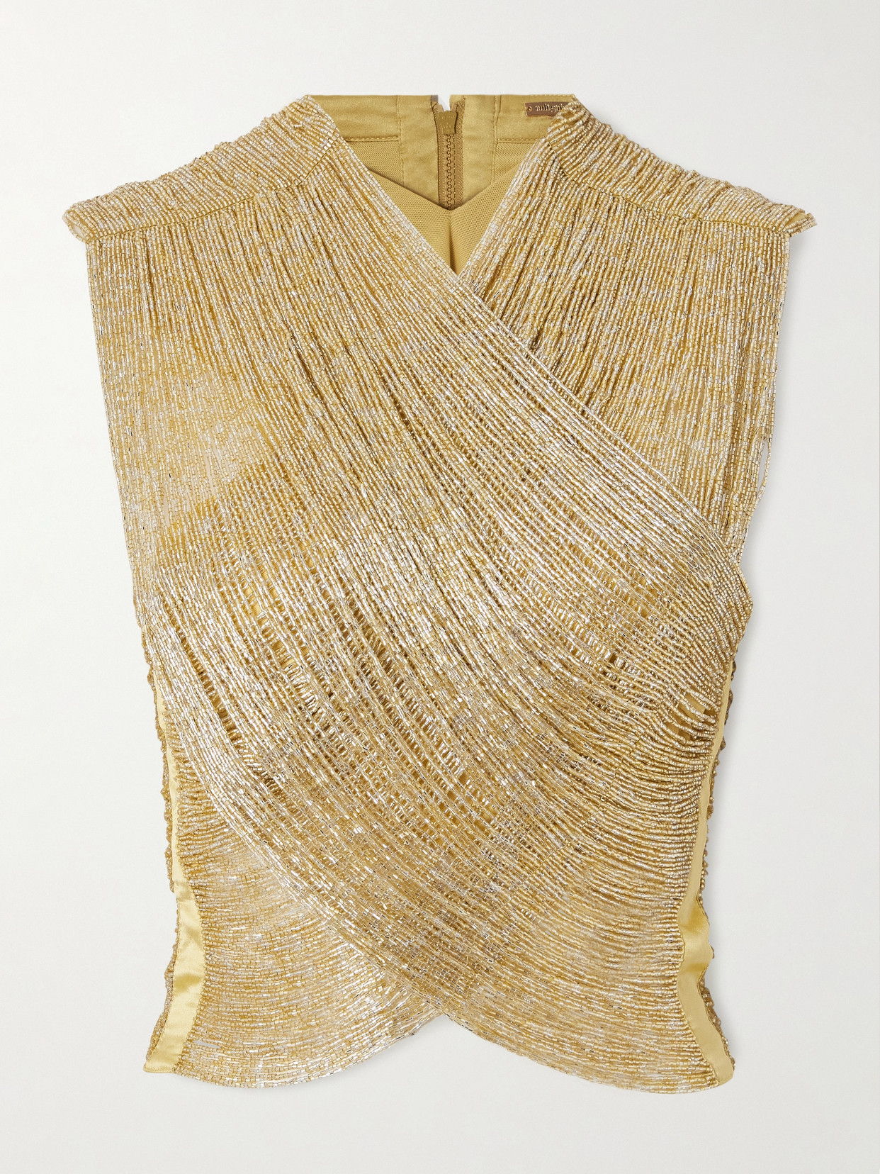 Cult Gaia Haisley Cropped Satin-trimmed Beaded Mesh Top In Gold