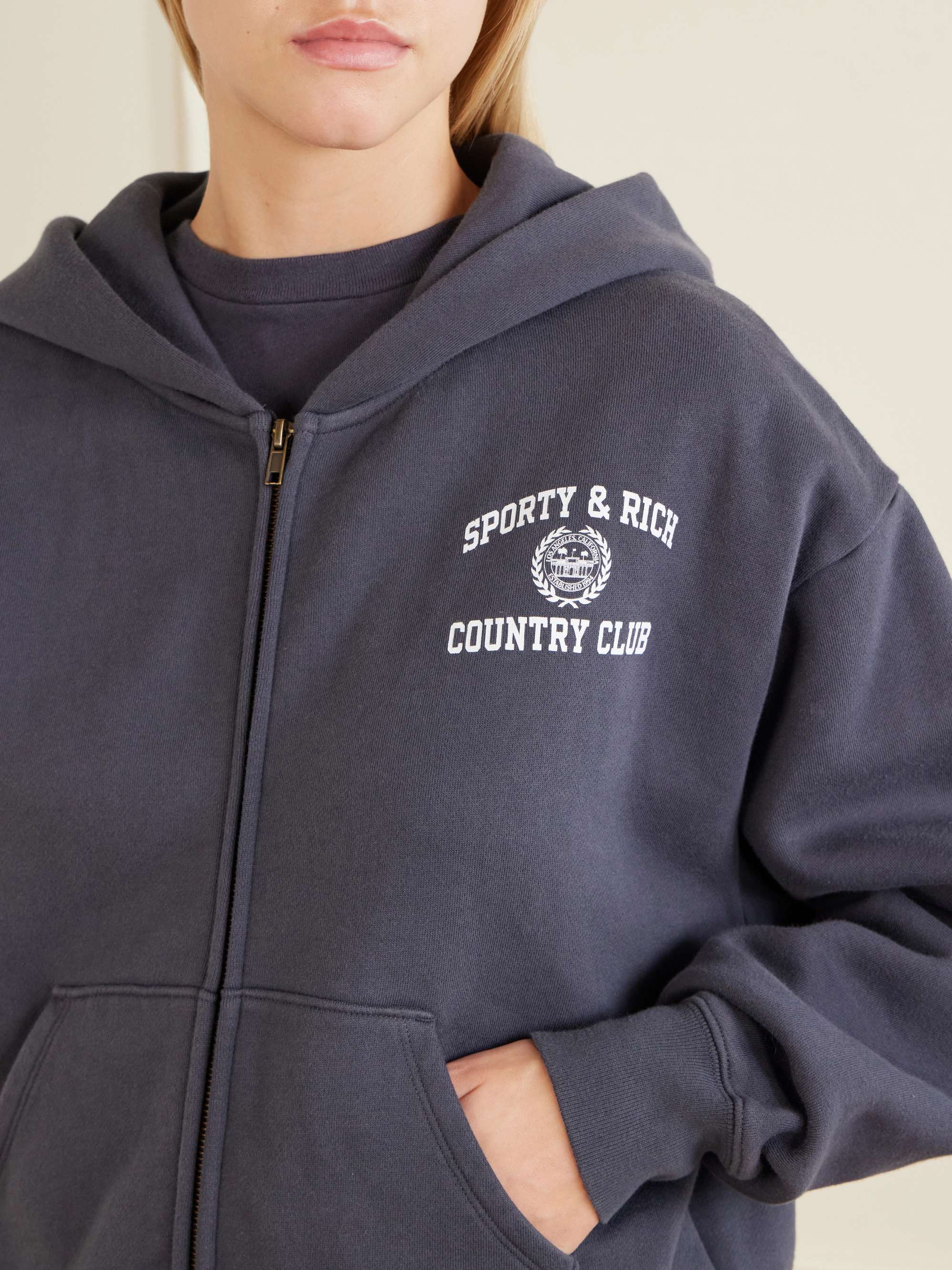 SPORTY & RICH Logo-print garment-dyed cotton-jersey zip-up hoodie