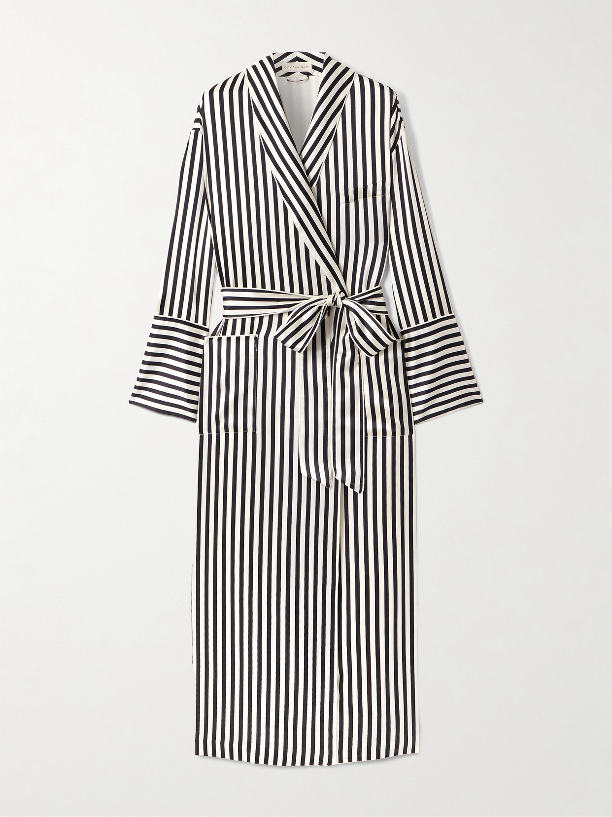 Olivia Von Halle Nika Belted Striped Silk-satin Robe In Black