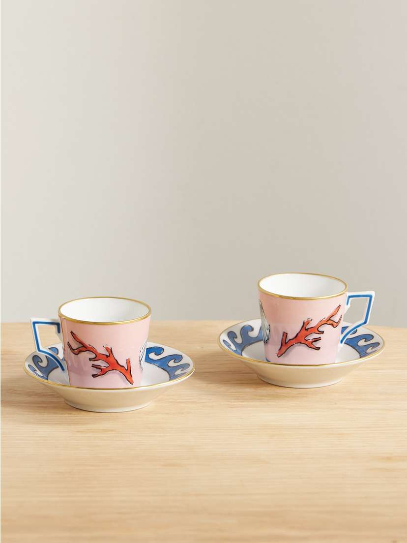 GINORI 1735 + Luke Edward Hall Il Viaggio Di Nettuno Set Of Two Gold-plated Porcelain Coffee Cups And Saucers