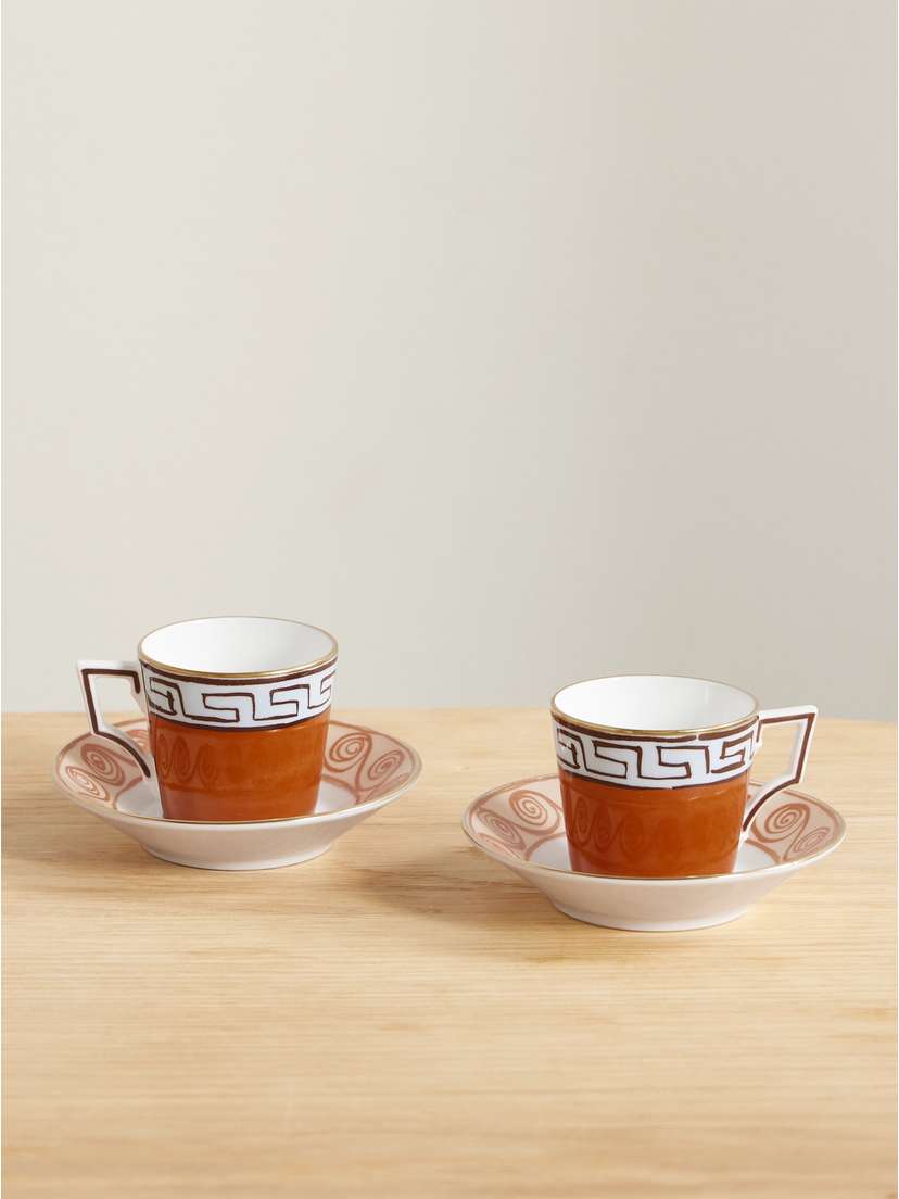 GINORI 1735 + Luke Edward Hall Il Viaggio Di Nettuno Set Of Two Gold-plated Porcelain Coffee Cups And Saucers