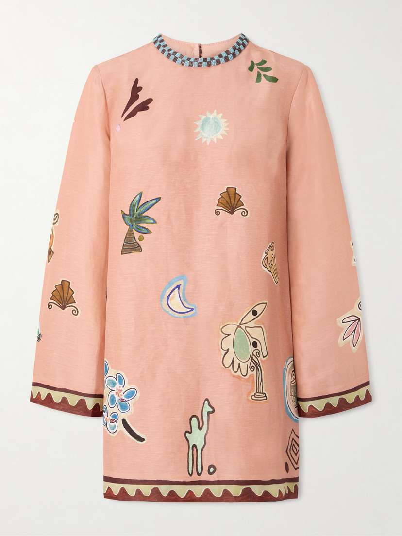 ALÉMAIS Laurence Bead-embellished Printed Linen And Silk-blend Mini Dress