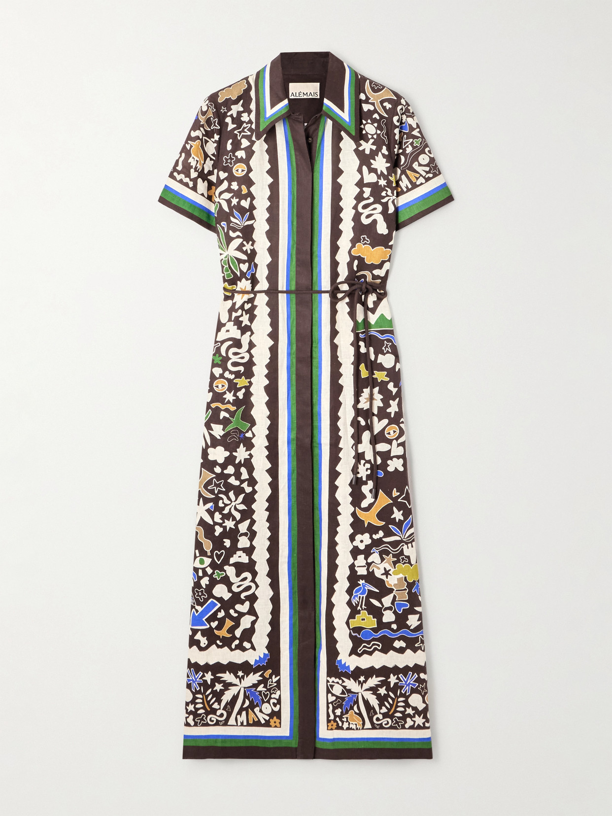 Alemais Maroc Belted Printed Linen Midi Dress In Brown