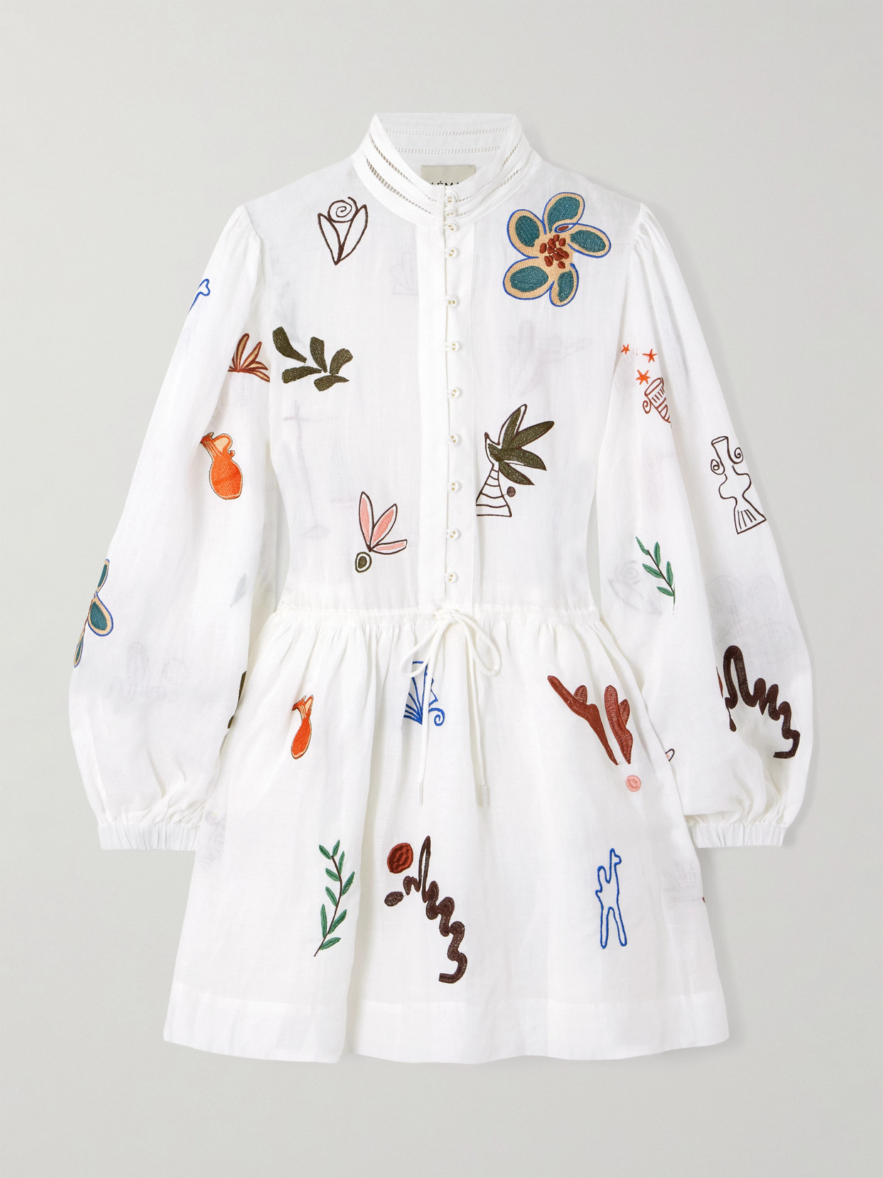 Alemais + Lrnce Mina Embroidered Ramie Mini Dress In White