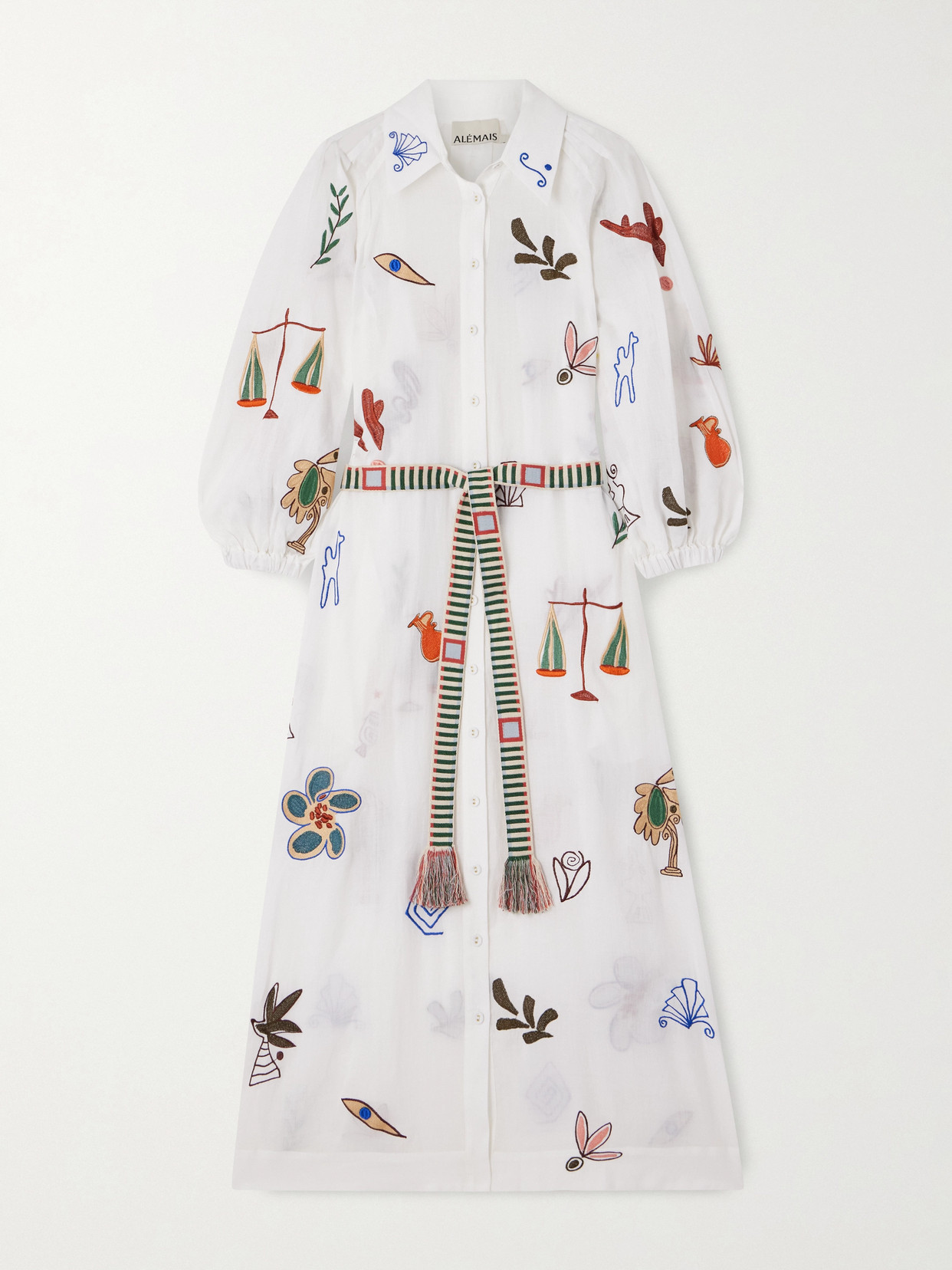 Alemais + Lrnce Mina Embroidered Ramie Midi Shirt Dress In White