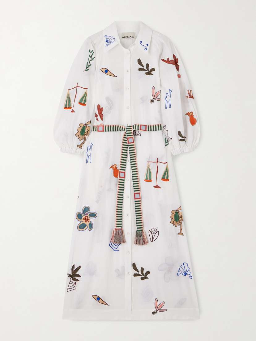 ALÉMAIS + Lrnce Mina Embroidered Ramie Midi Shirt Dress