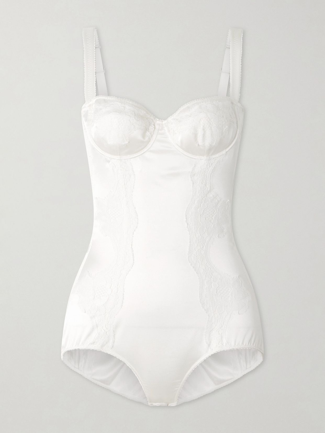 Lace-trimmed silk-blend satin bodysuit