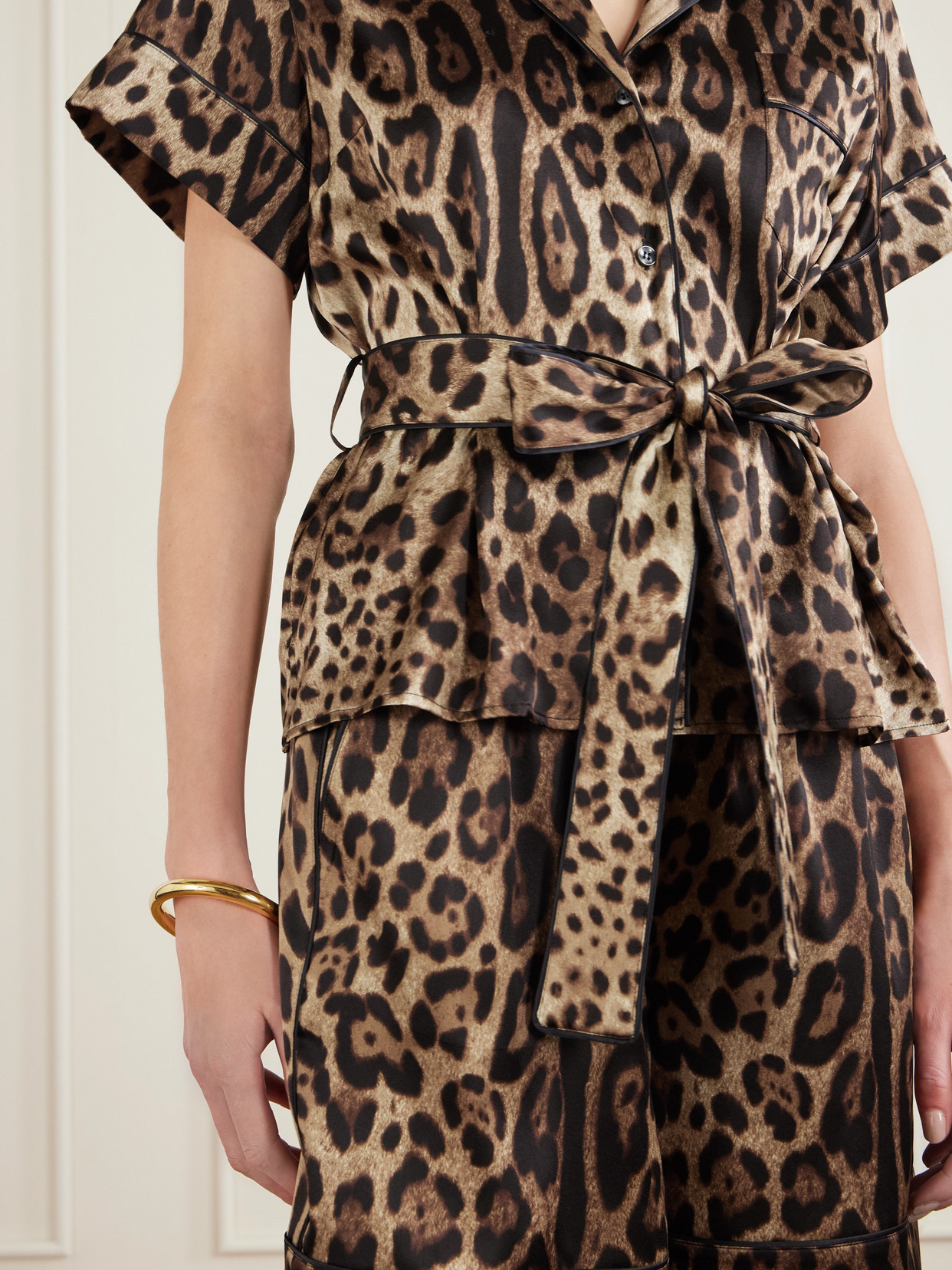 Dolce & Gabbana Belted Piped Leopard Print Silk-blend Satin Shirt In Animal Print