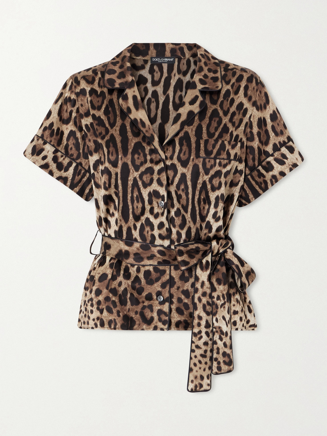 Dolce & Gabbana Belted Piped Leopard Print Silk-blend Satin Shirt In Animal Print
