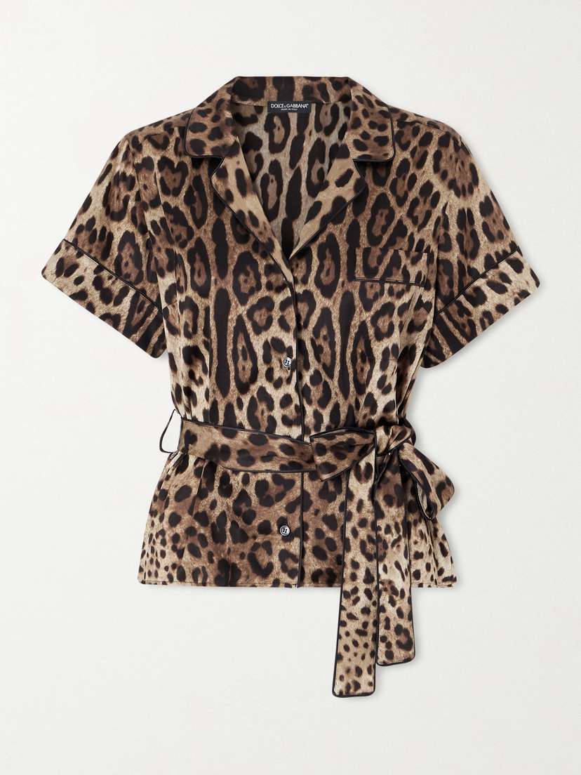 Dolce & Gabbana Belted Piped Leopard Print Silk-blend Satin Shirt